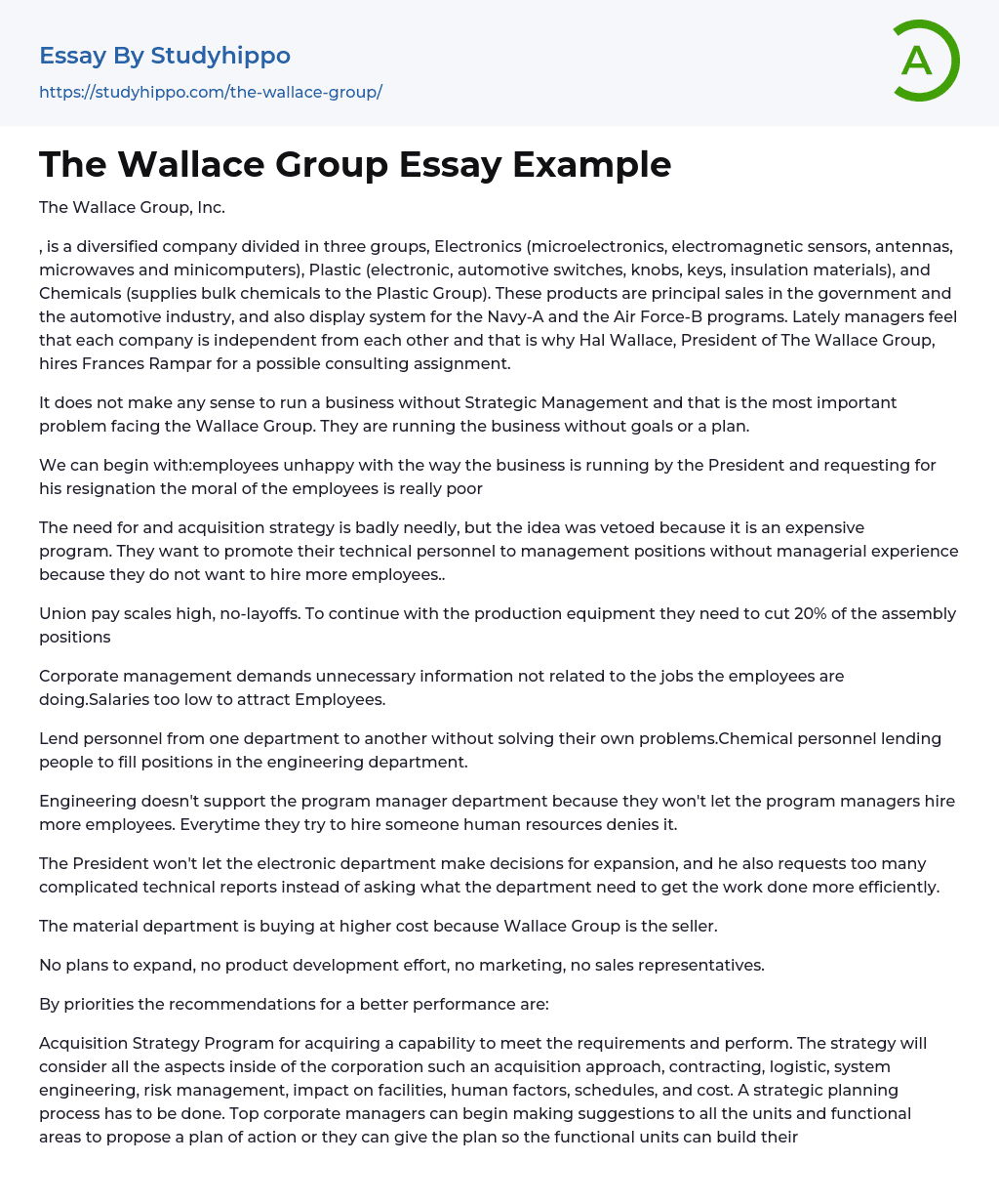 The Wallace Group Essay Example