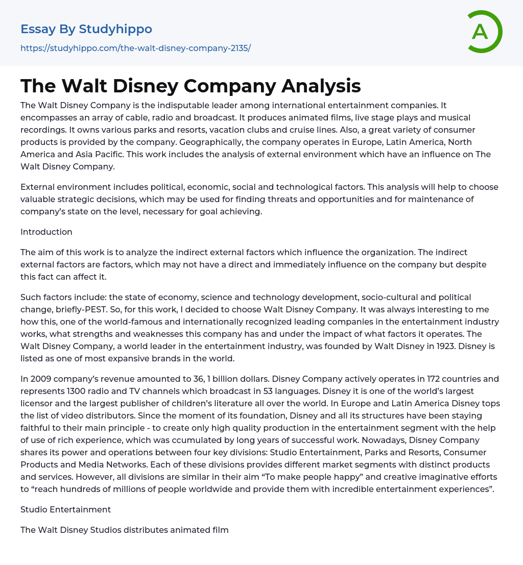 The Walt Disney Company Analysis Essay Example