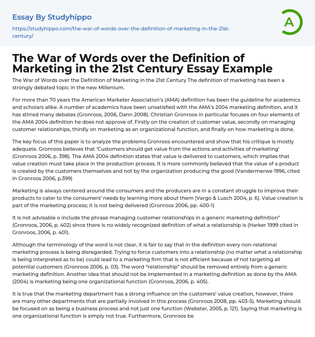 The War of Words over the Definition of Marketing in the 21st Century Essay Example