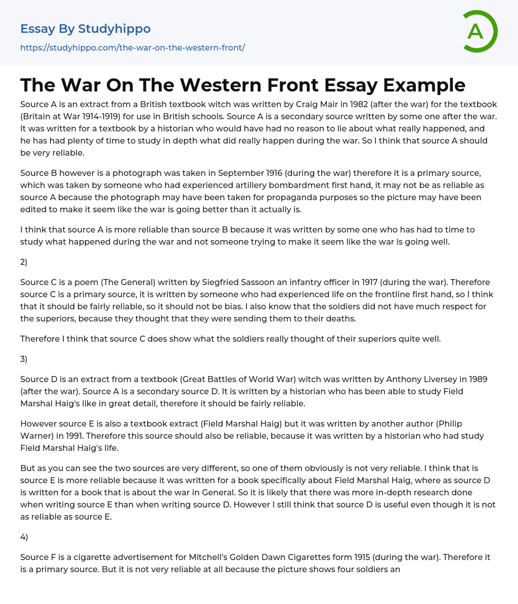 The War On The Western Front Essay Example