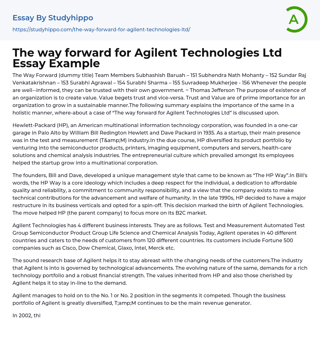 The way forward for Agilent Technologies Ltd Essay Example