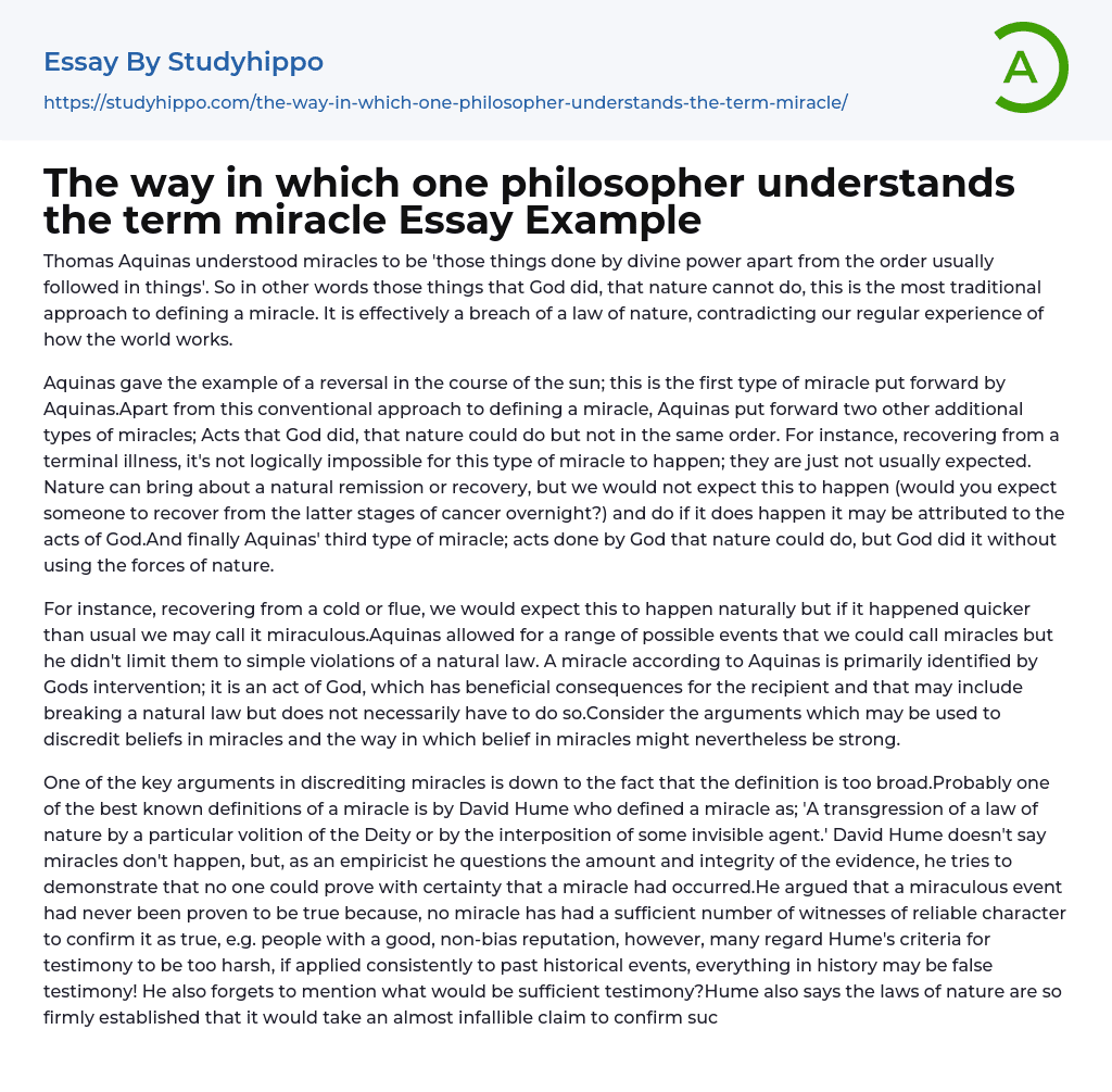The way in which one philosopher understands the term miracle Essay Example