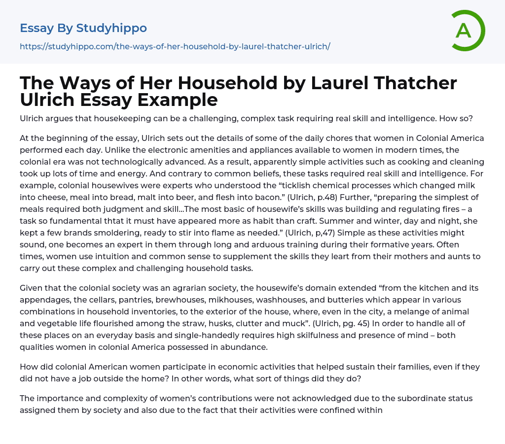 The Ways of Her Household by Laurel Thatcher Ulrich Essay Example