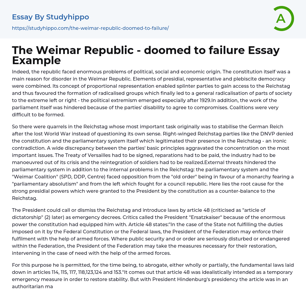 The Weimar Republic – doomed to failure Essay Example