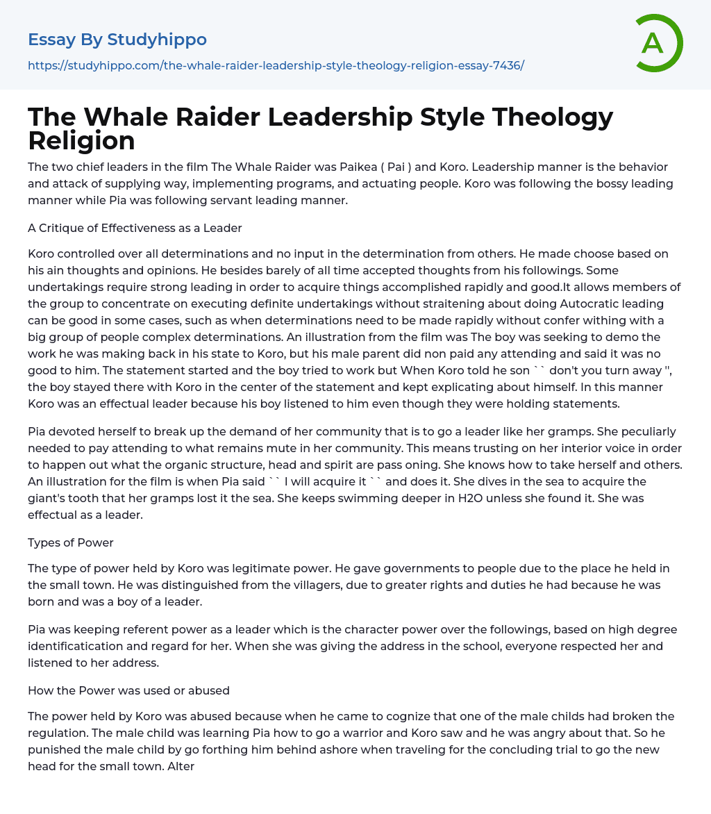 The Whale Raider Leadership Style Theology Religion Essay Example