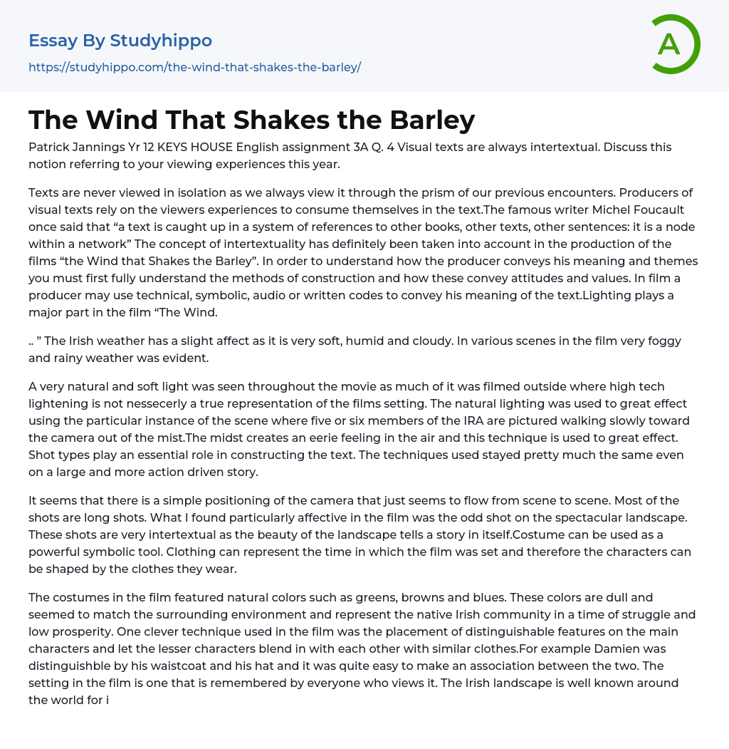 The Wind That Shakes the Barley Essay Example