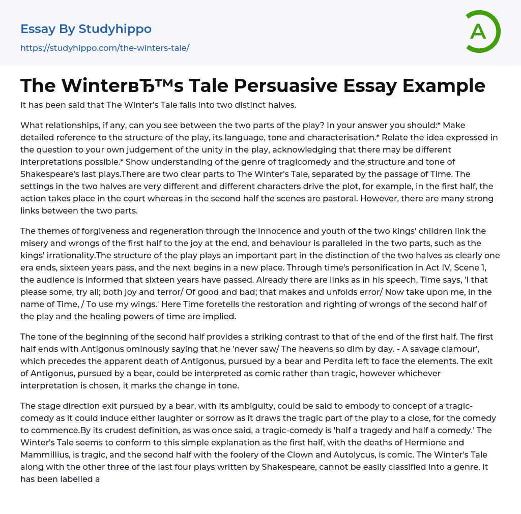 The Winter’s Tale Persuasive Essay Example