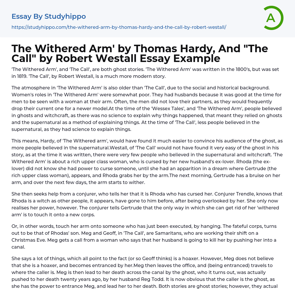 The Withered Arm’ by Thomas Hardy, And “The Call” by Robert Westall Essay Example