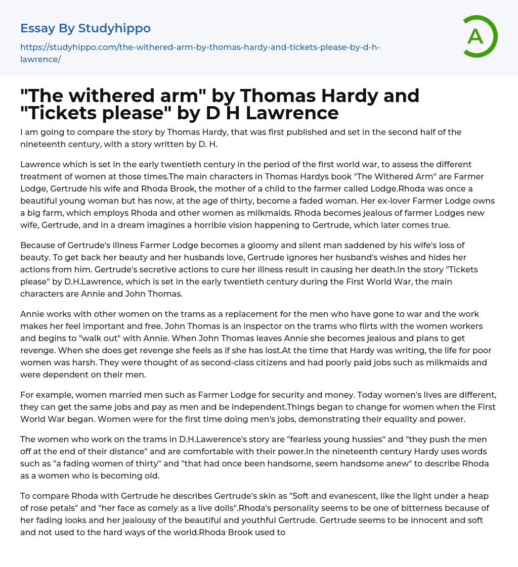 “The withered arm” by Thomas Hardy and “Tickets please” by D H Lawrence Essay Example