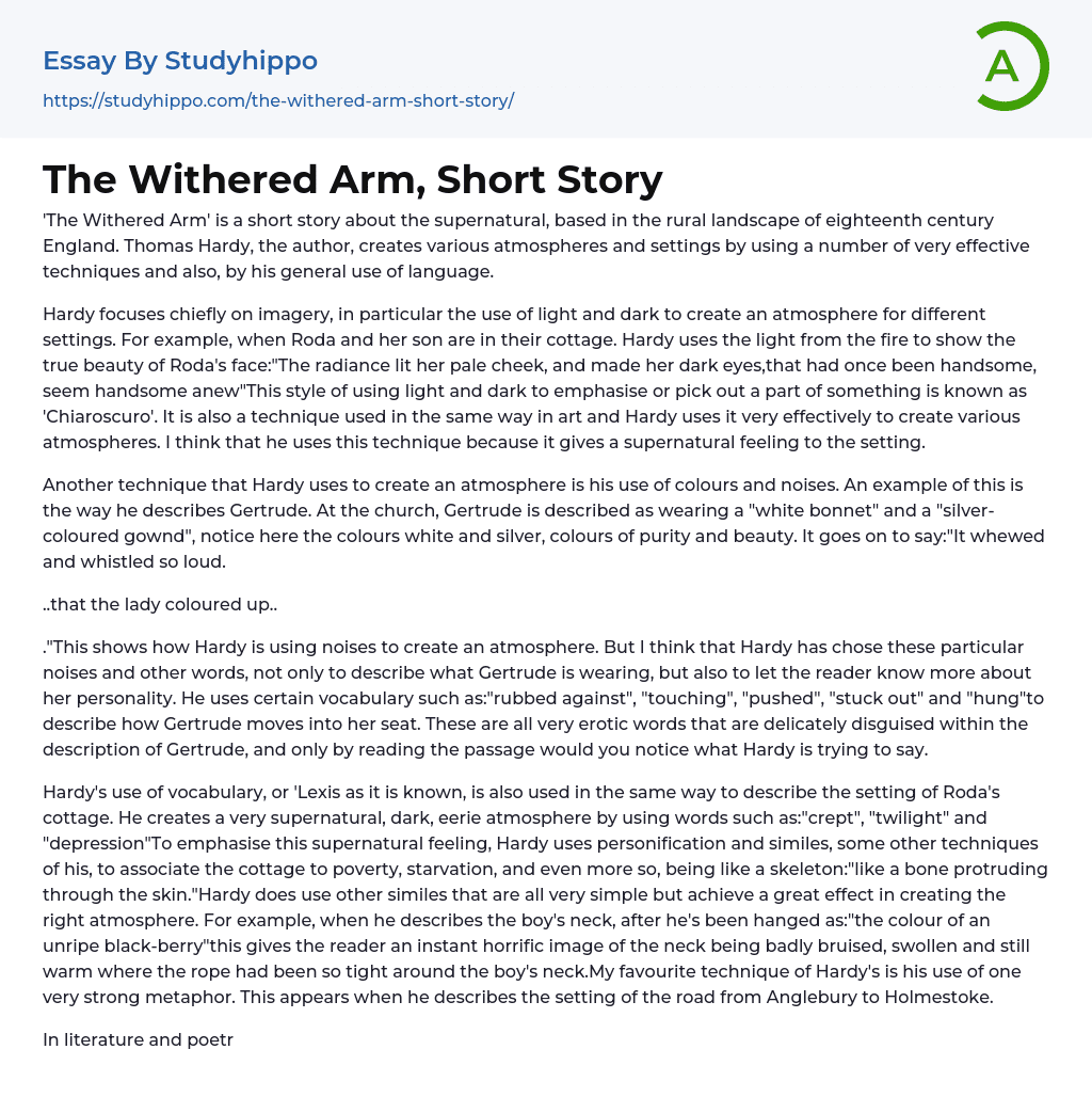 The Withered Arm, Short Story Essay Example