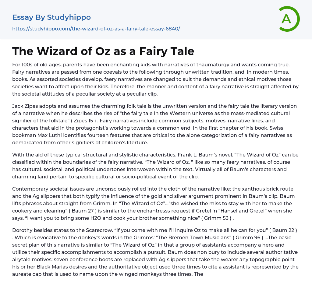 The Wizard of Oz as a Fairy Tale