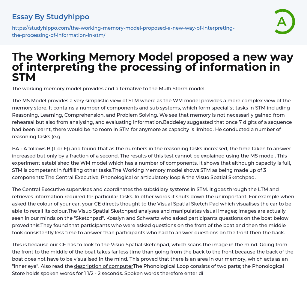 Exploring the Working Memory Model vs. Multi Store Model