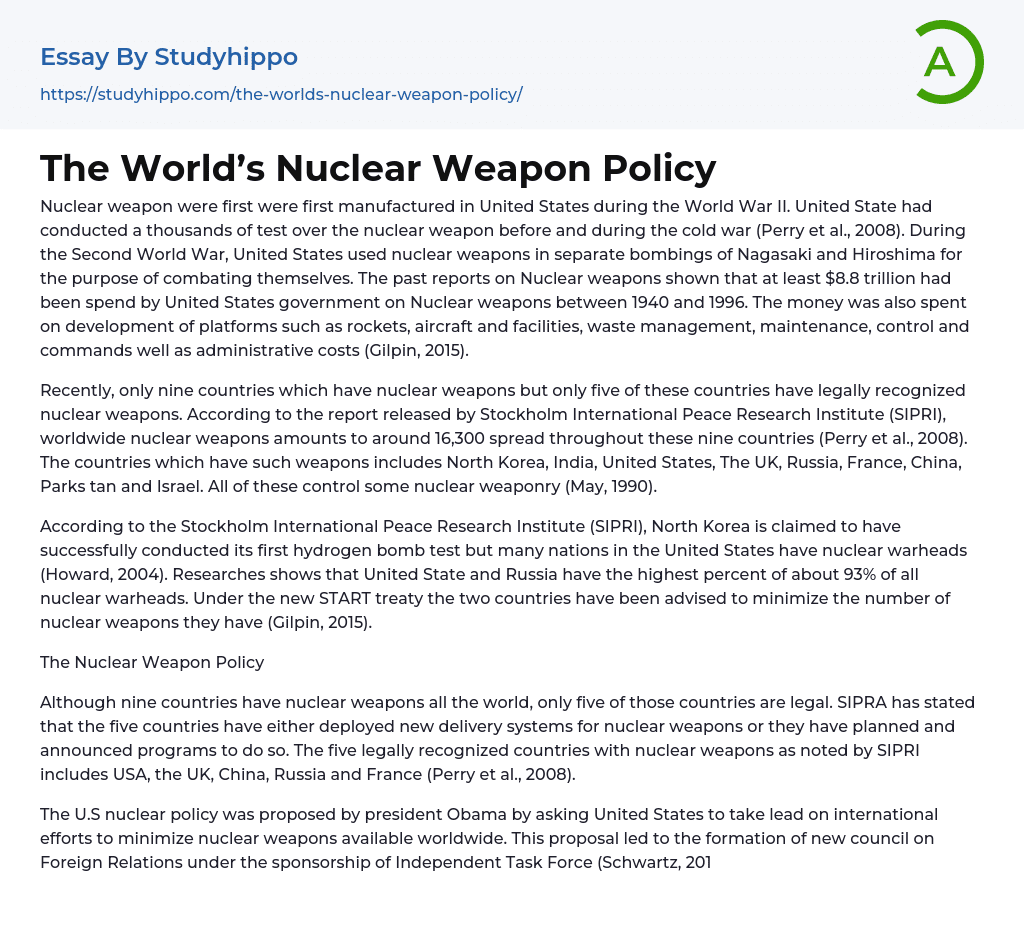 The World’s Nuclear Weapon Policy Essay Example