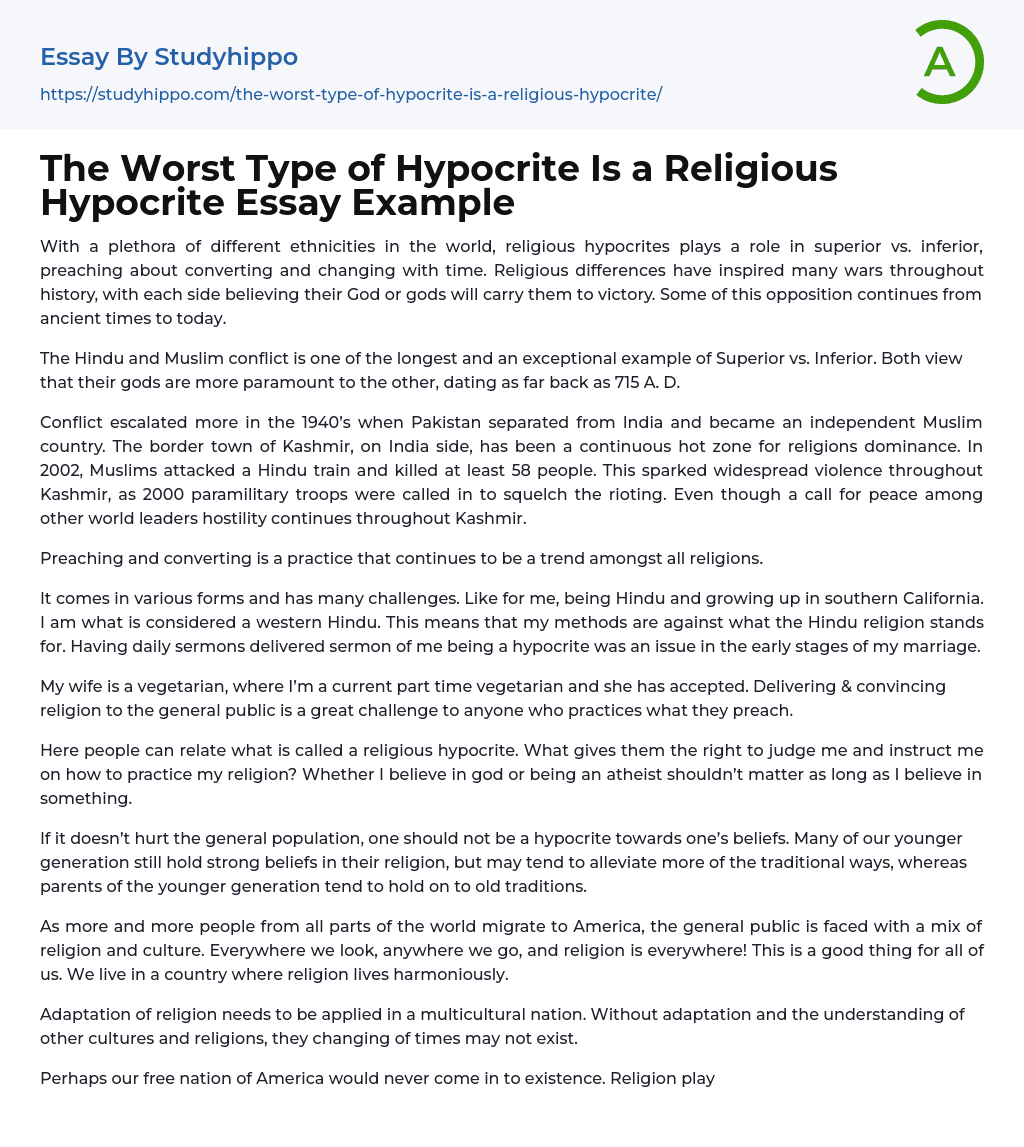 The Worst Type of Hypocrite Is a Religious Hypocrite Essay Example