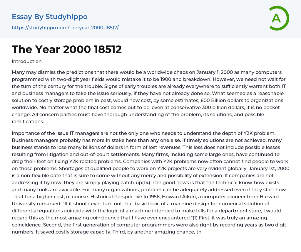 The Year 2000 18512 Essay Example