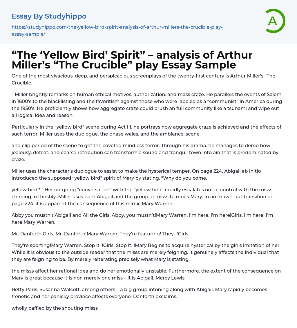 “The ‘Yellow Bird’ Spirit” – analysis of Arthur Miller’s “The Crucible” play Essay Sample