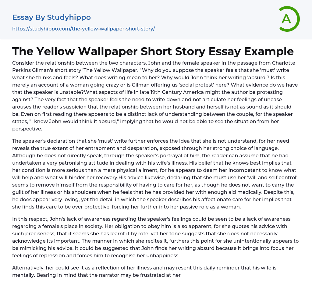 The Yellow Wallpaper Short Story Essay Example