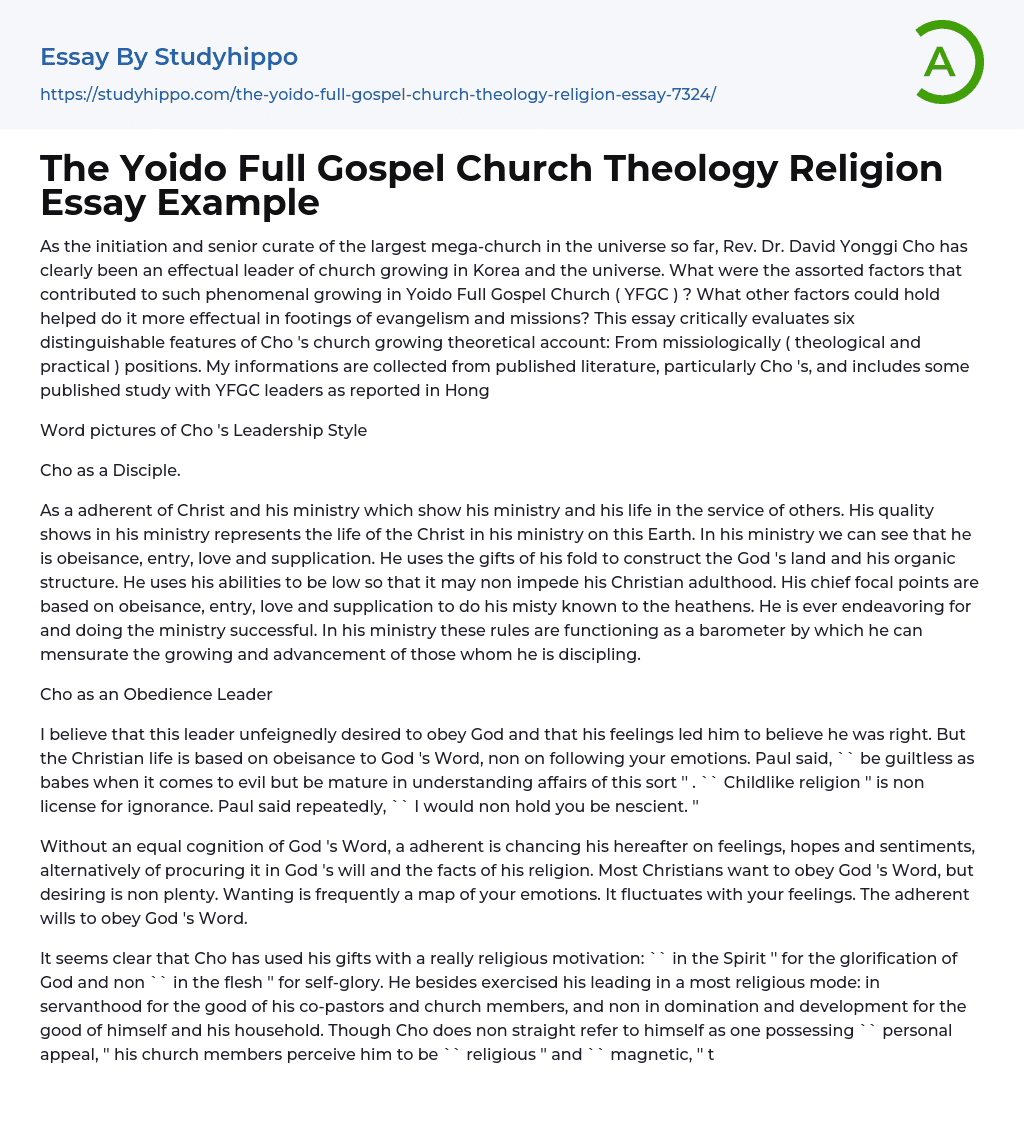 The Yoido Full Gospel Church Theology Religion Essay Example