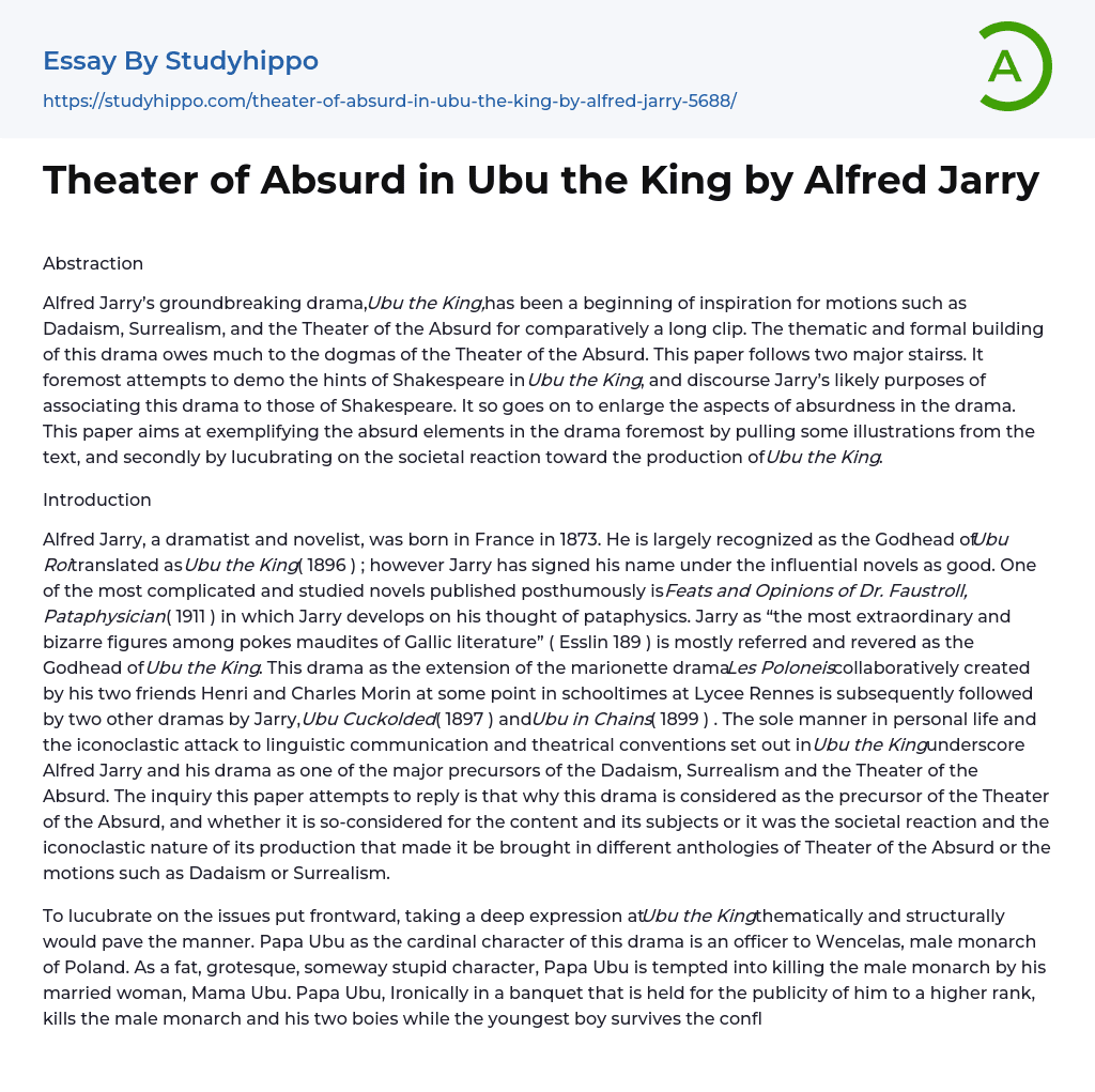 Theater of Absurd in Ubu the King by Alfred Jarry Essay Example