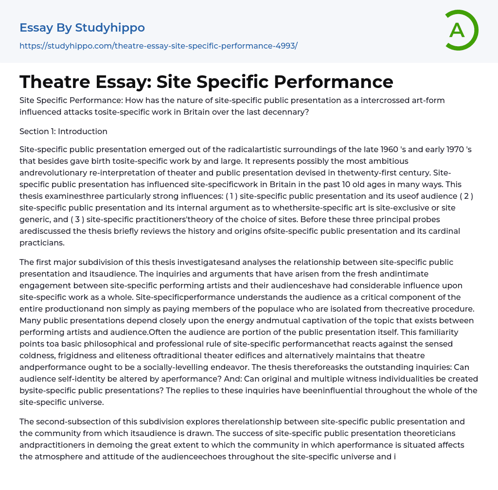 Theatre Essay: Site Specific Performance