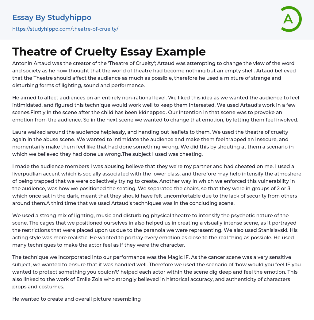 Theatre of Cruelty Essay Example