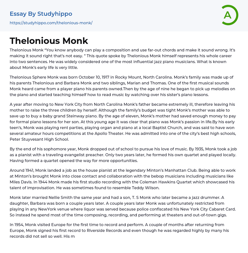 Thelonious Monk Essay Example
