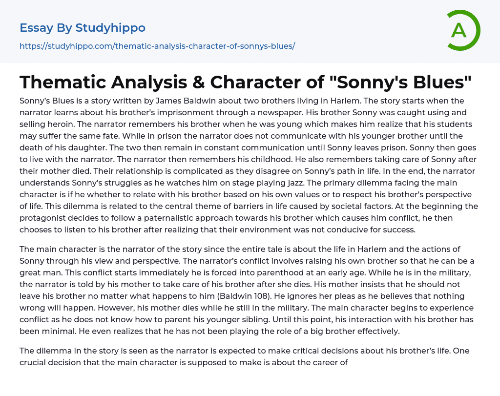 Thematic Analysis & Character of “Sonny’s Blues” Essay Example