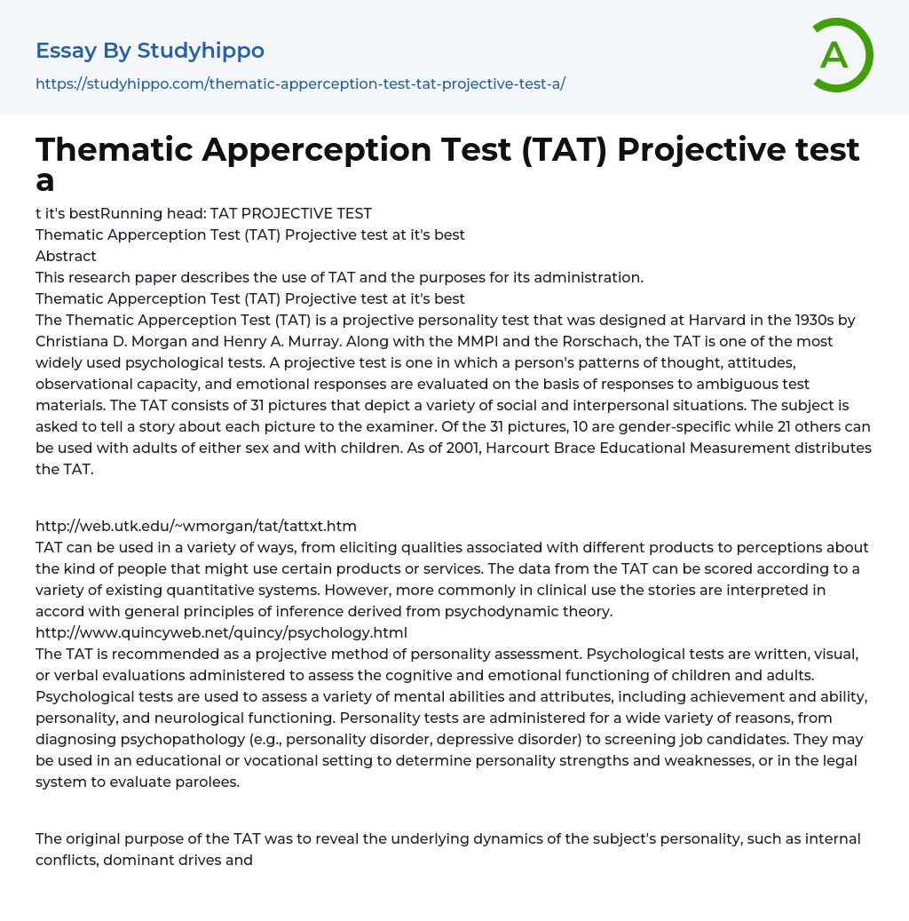 Thematic Apperception Test (TAT) Projective test a Essay Example