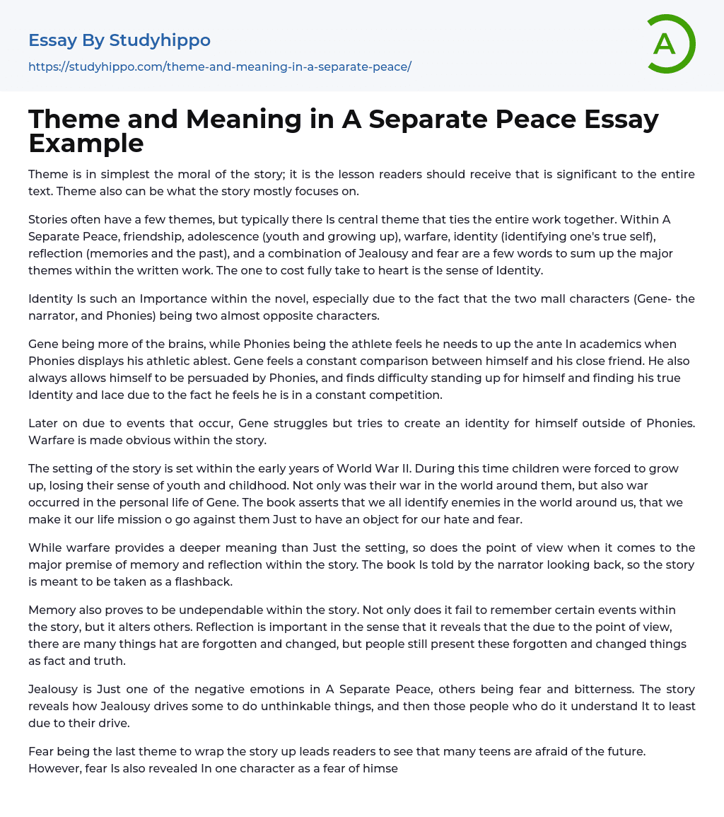 Theme and Meaning in A Separate Peace Essay Example