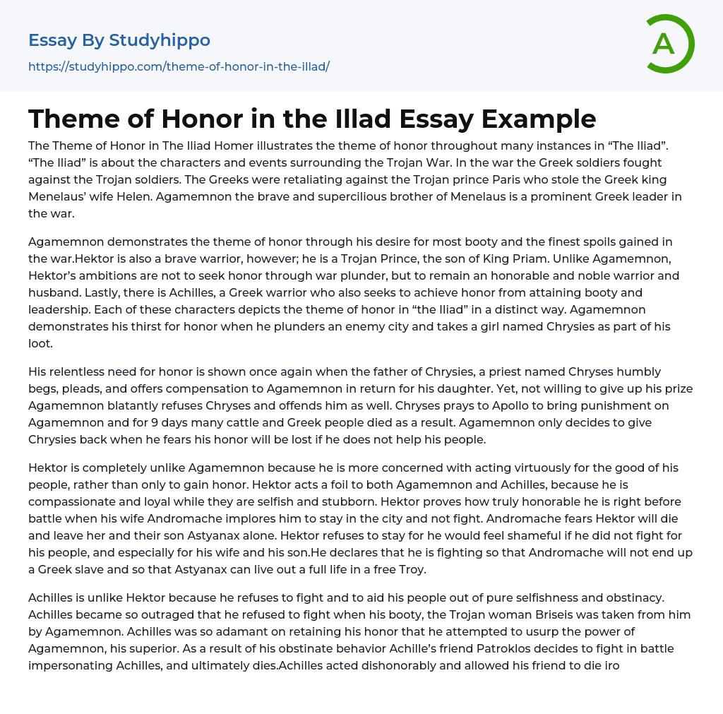 Theme of Honor in the Illad Essay Example