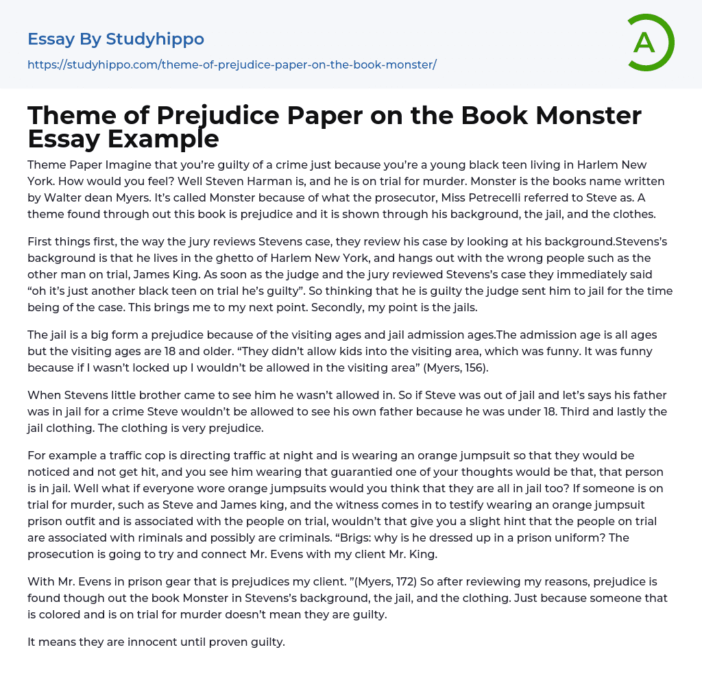 Theme of Prejudice Paper on the Book Monster Essay Example