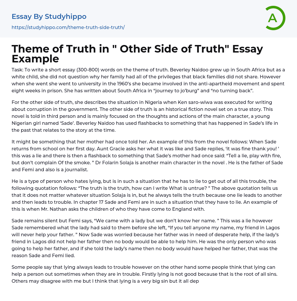 Theme of Truth in ” Other Side of Truth” Essay Example