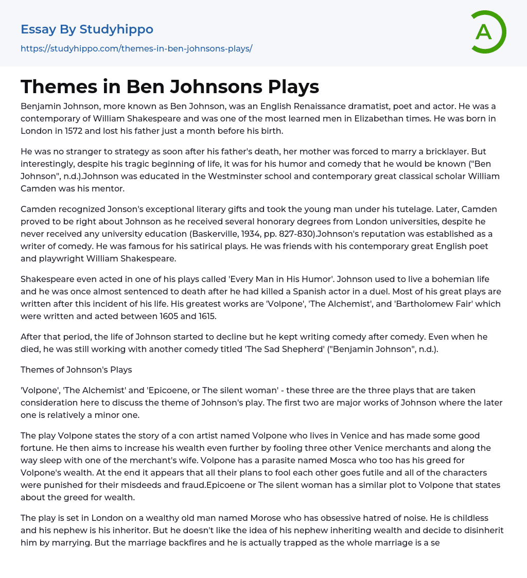 Themes in Ben Johnsons Plays Essay Example