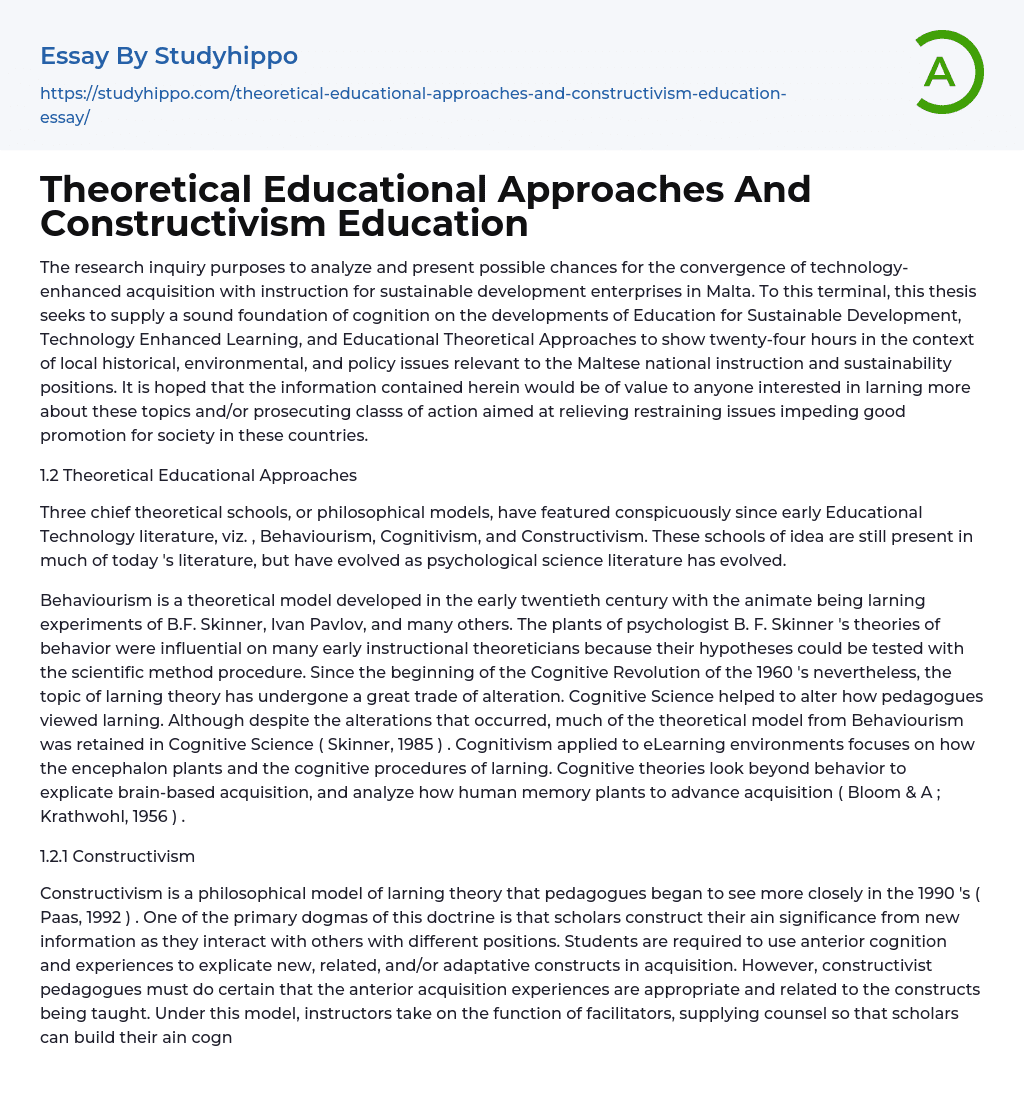 Theoretical Educational Approaches And Constructivism Education Essay Example