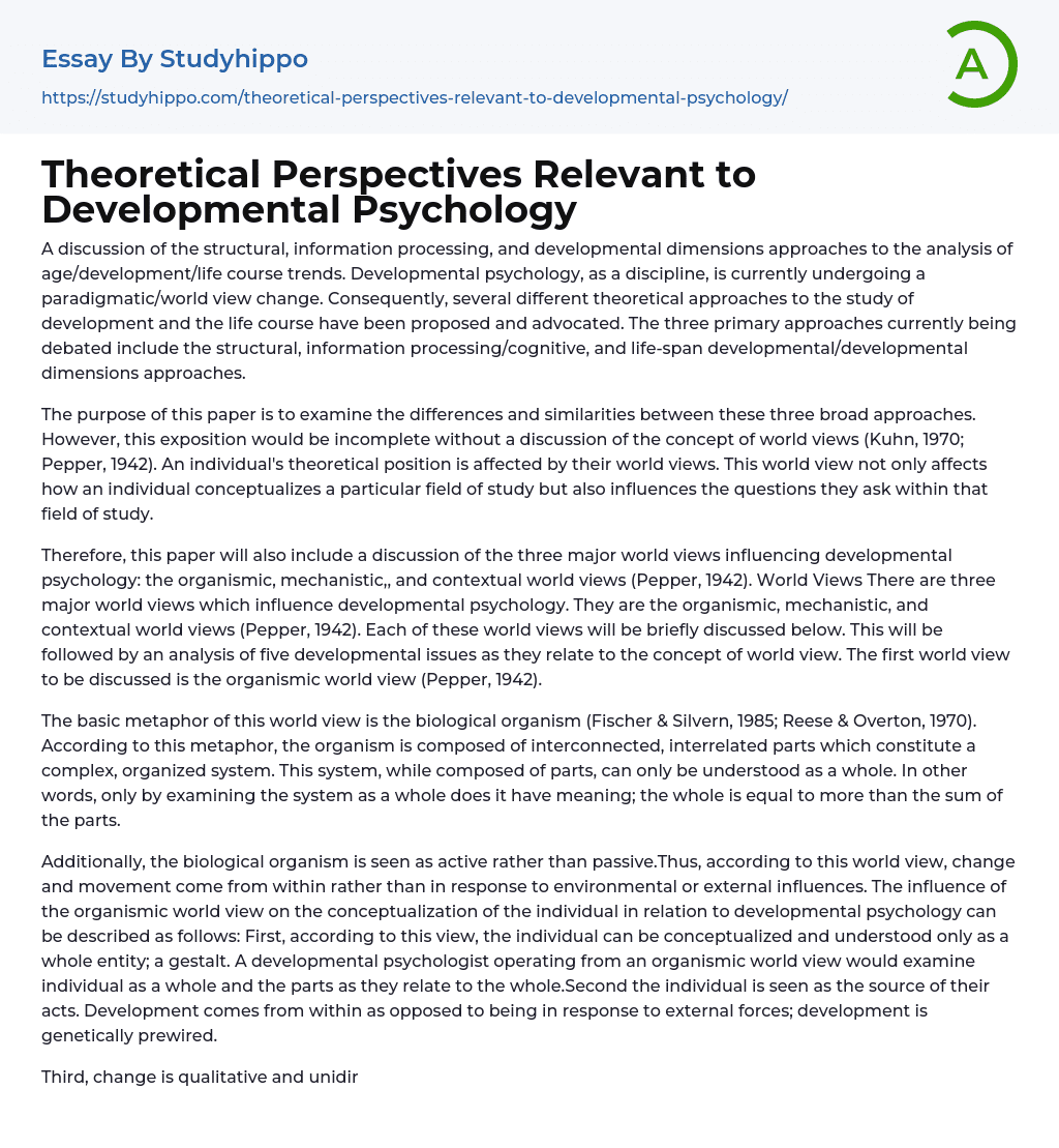 Theoretical Perspectives Relevant to Developmental Psychology Essay Example