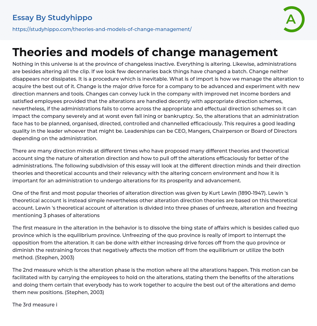 Theories and models of change management Essay Example