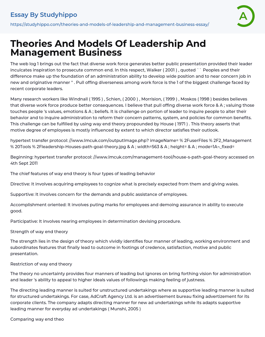 Theories And Models Of Leadership And Management Business Essay Example