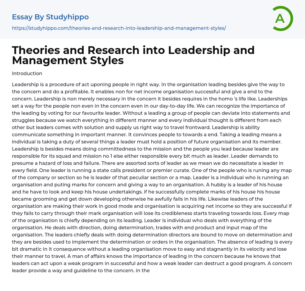 Theories and Research into Leadership and Management Styles Essay Example