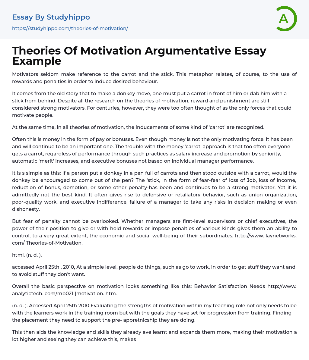 Theories Of Motivation Argumentative Essay Example