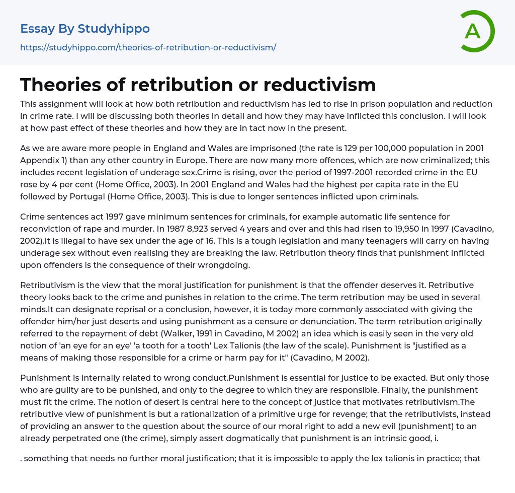 Theories of retribution or reductivism Essay Example