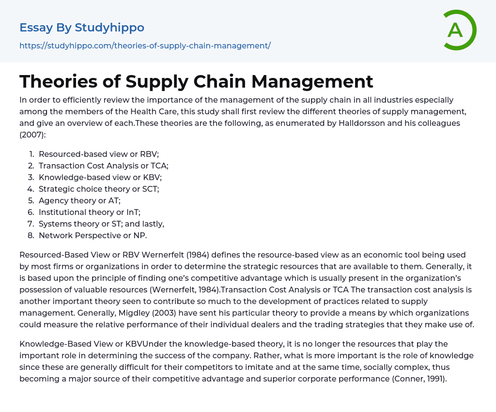 Theories of Supply Chain Management Essay Example