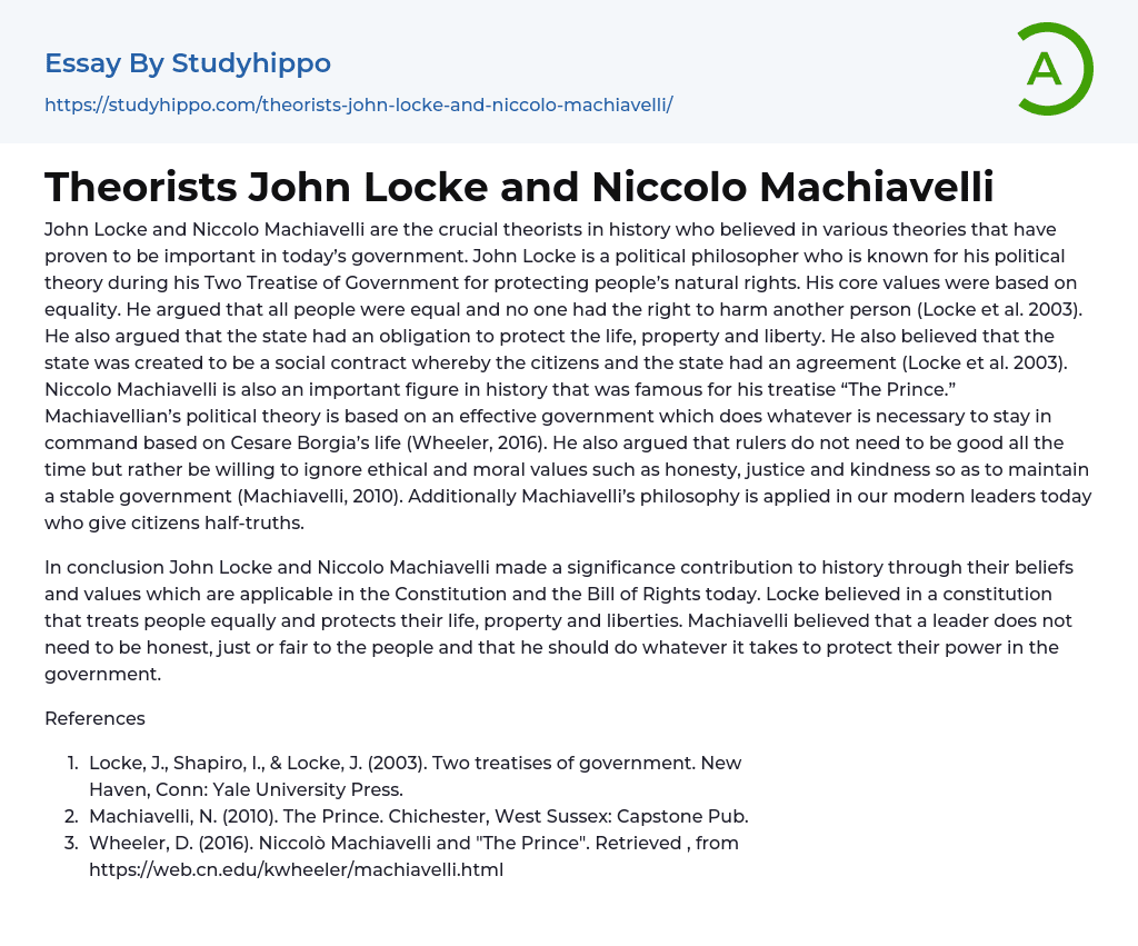 Theorists John Locke and Niccolo Machiavelli Essay Example