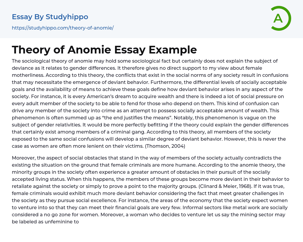Theory of Anomie Essay Example