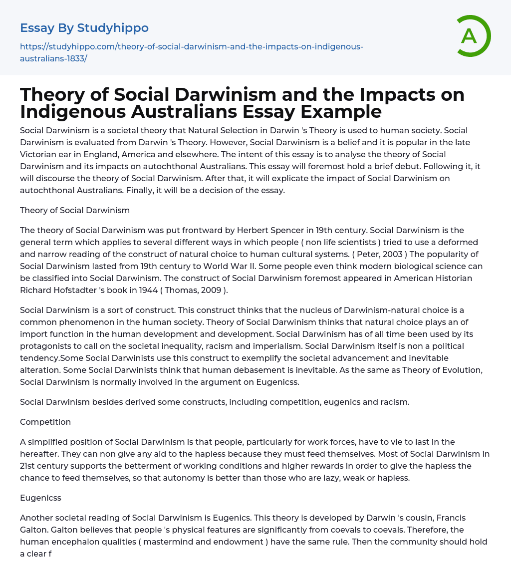 Theory of Social Darwinism and the Impacts on Indigenous Australians Essay Example