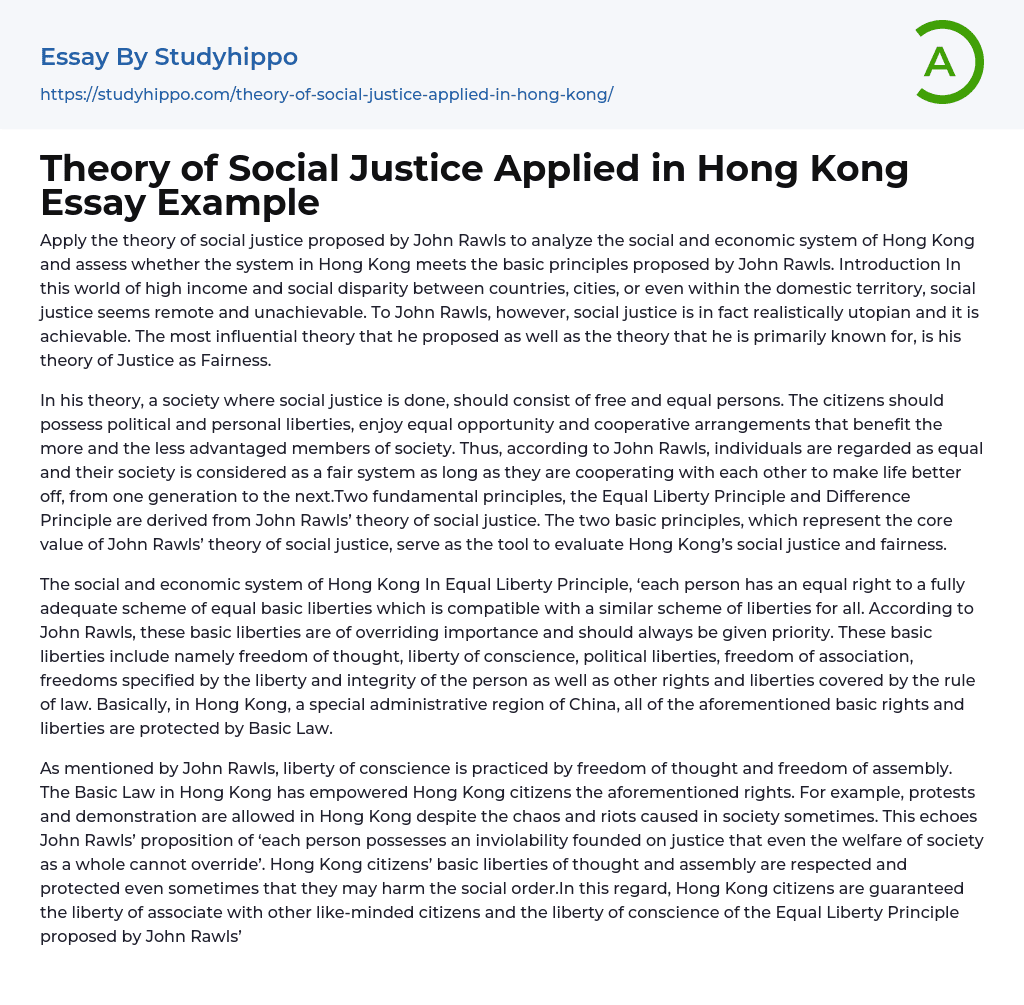 Theory of Social Justice Applied in Hong Kong Essay Example