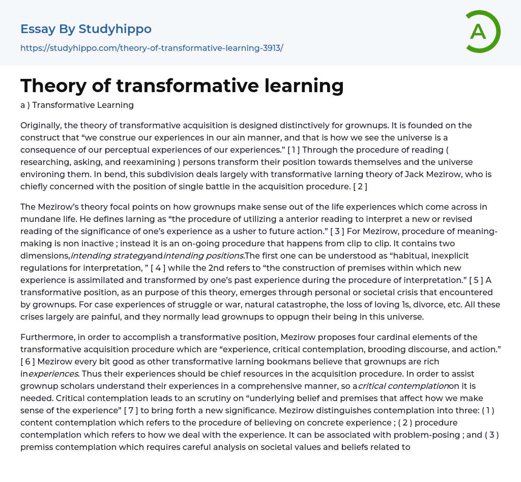 Theory of transformative learning Essay Example