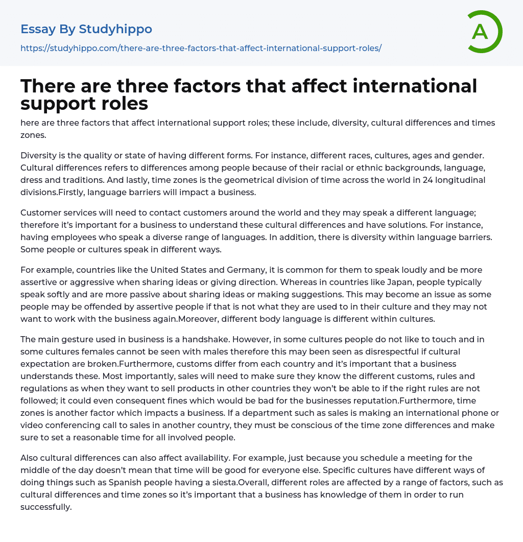 There are three factors that affect international support roles Essay Example