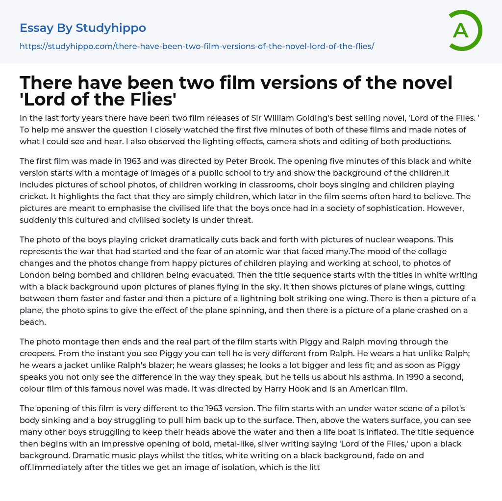 There have been two film versions of the novel ‘Lord of the Flies’ Essay Example
