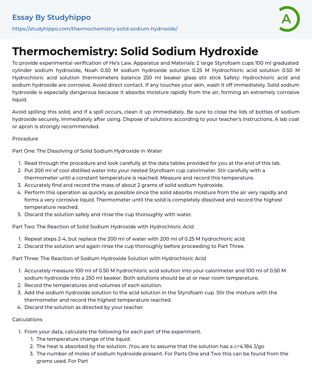 Thermochemistry: Solid Sodium Hydroxide Essay Example