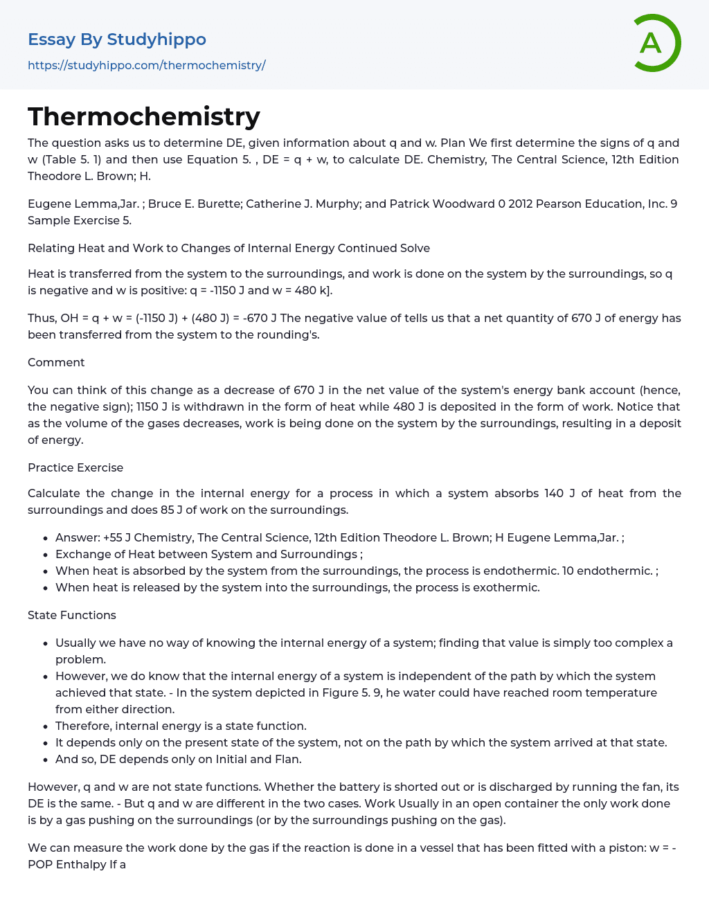 Thermochemistry Essay Example